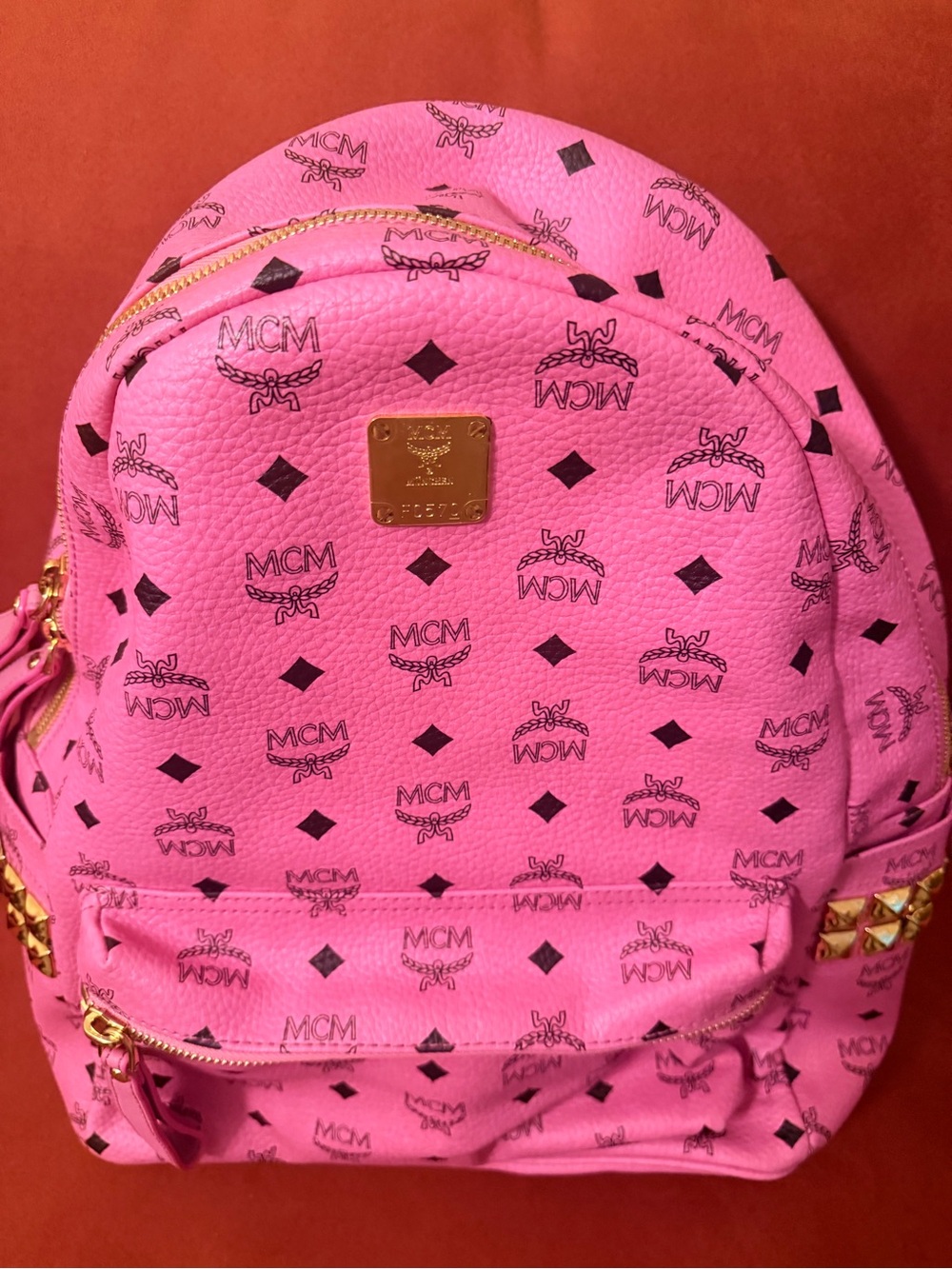 MCM Pink Logo-Print Leather Backpack with Gold Hardware